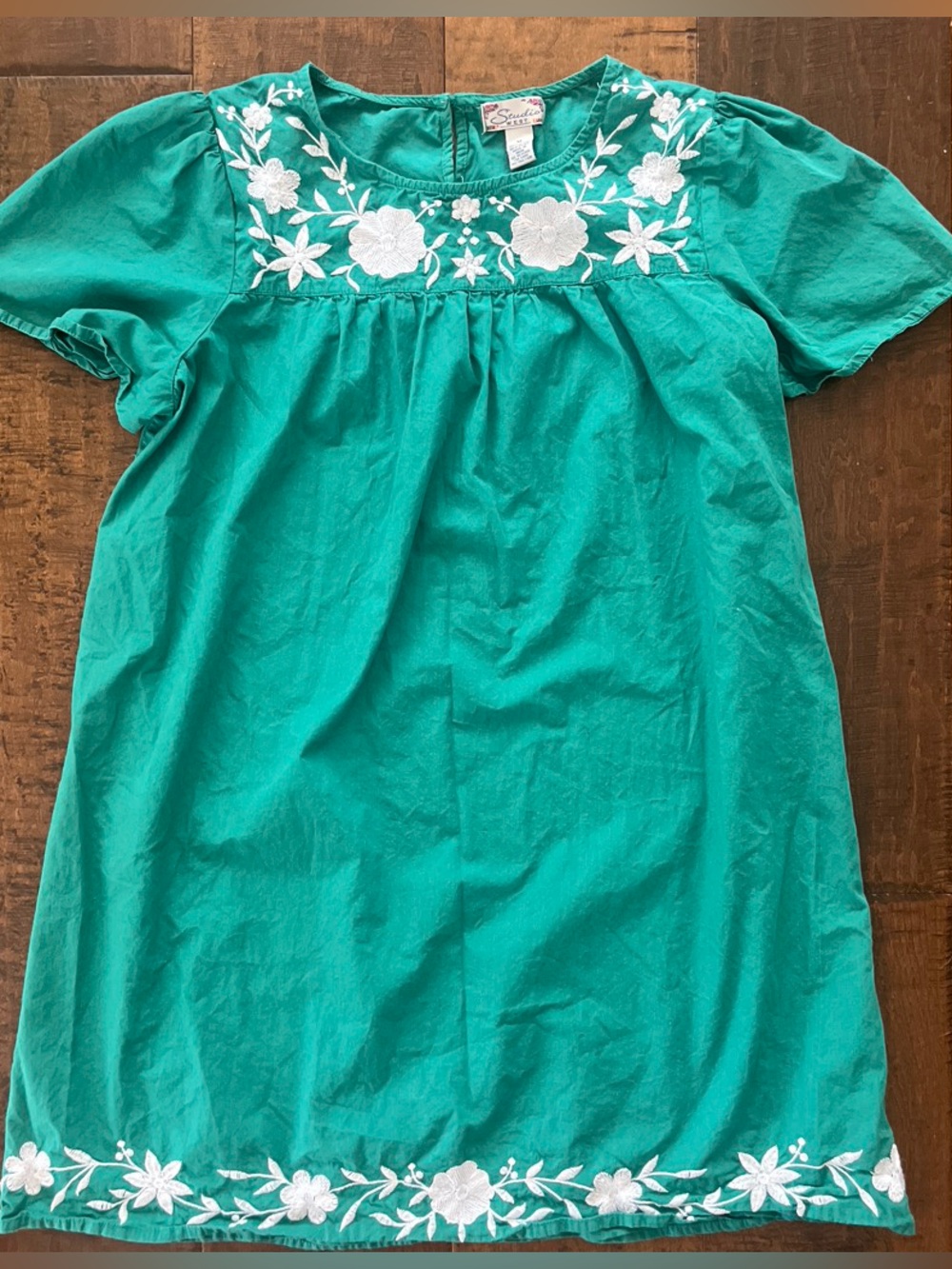 Studio West teal green 100% cotton embroidered flora babydoll boho dress